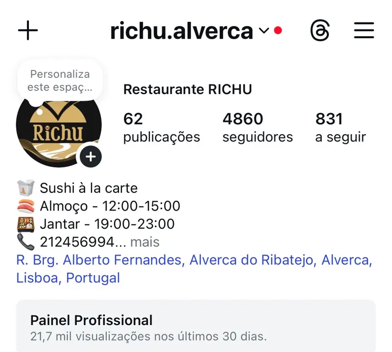 Perfil de Instagram do restaurante Richu gerido pela Virtus